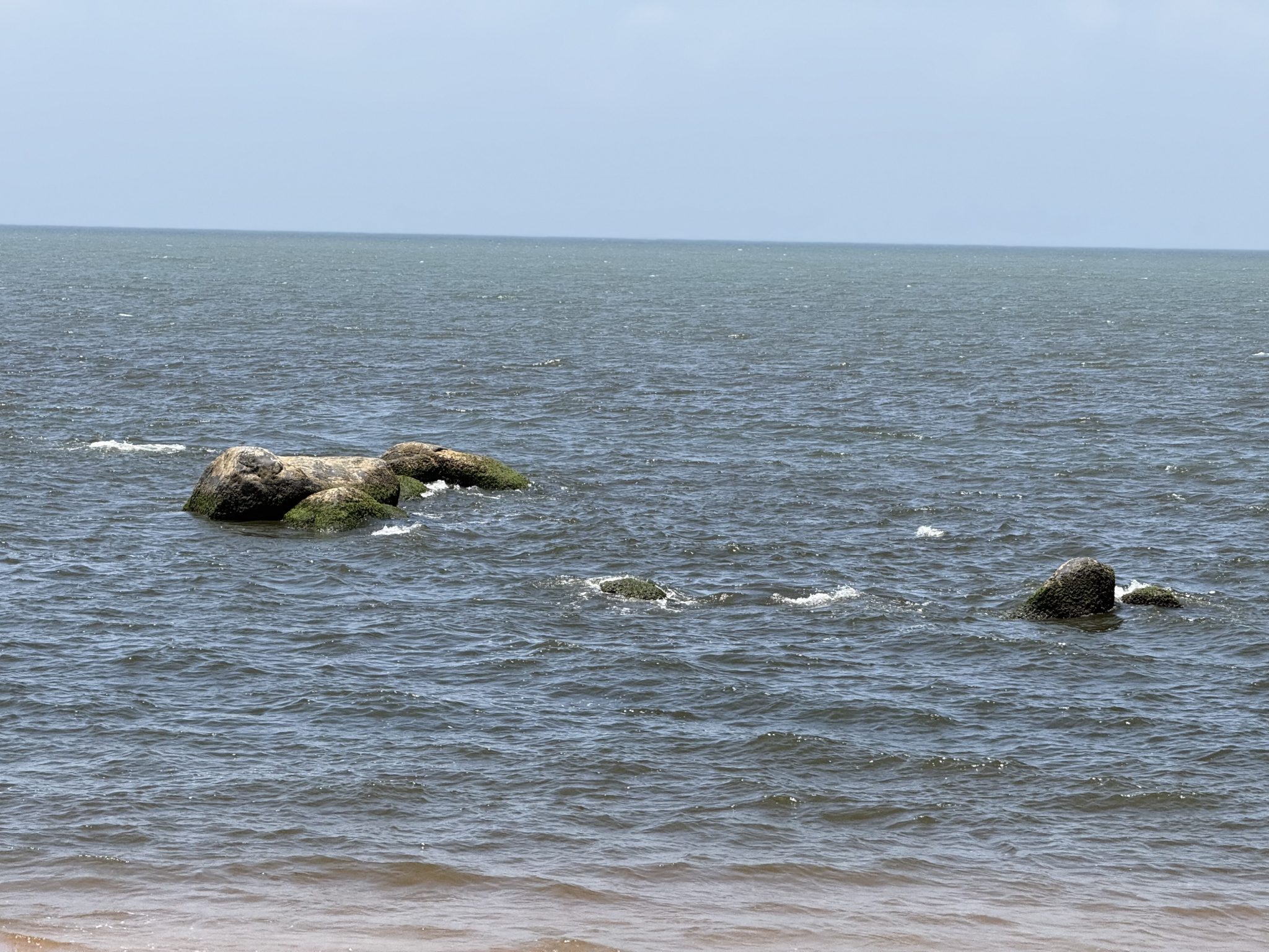 Large moss-covered rocks in calm blue-green water, with gentle waves and a sandy shore under a clear sky.